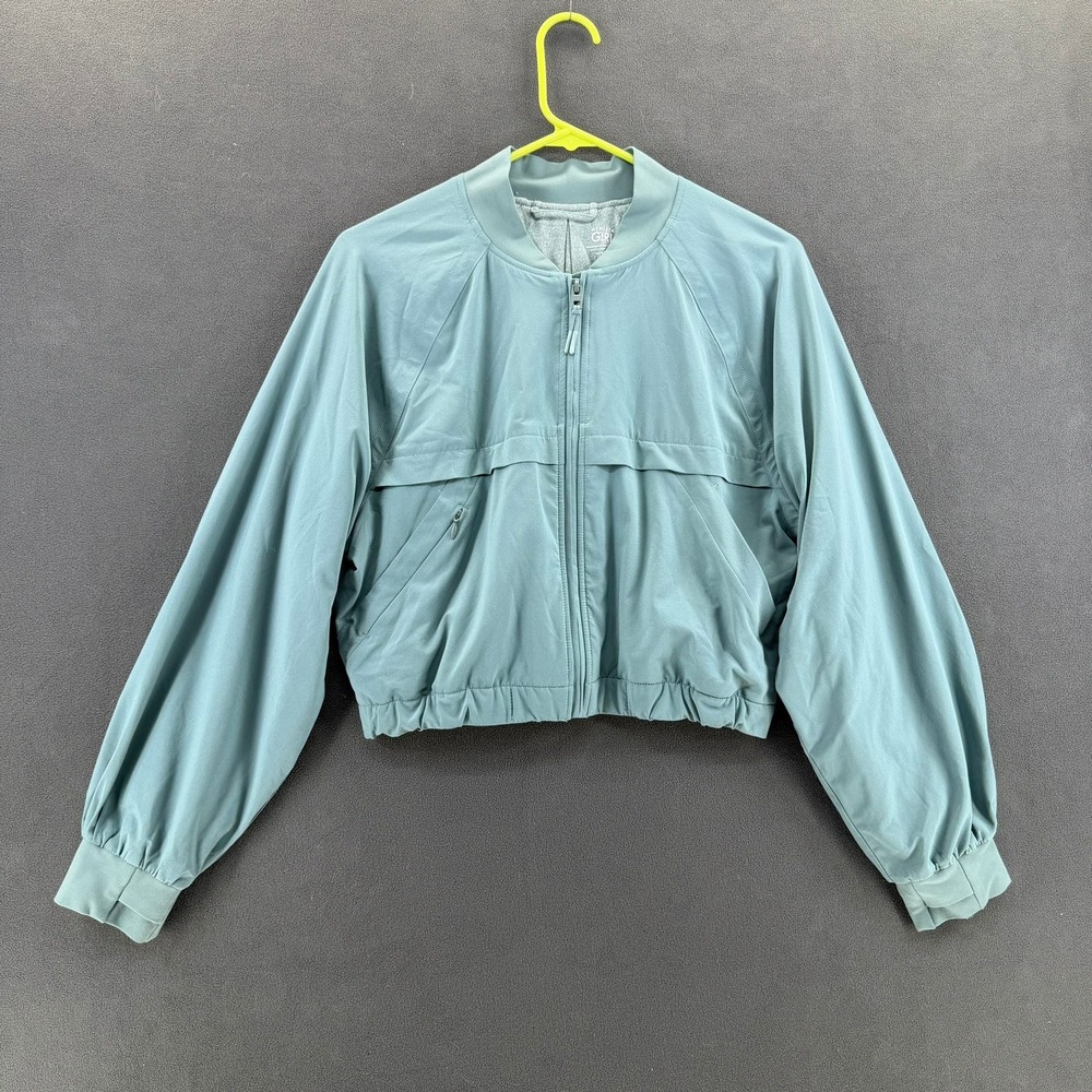 Athleta Girl Full Zip Bomber Jacket Teal Blue XL 14 Pleated Back Activewear